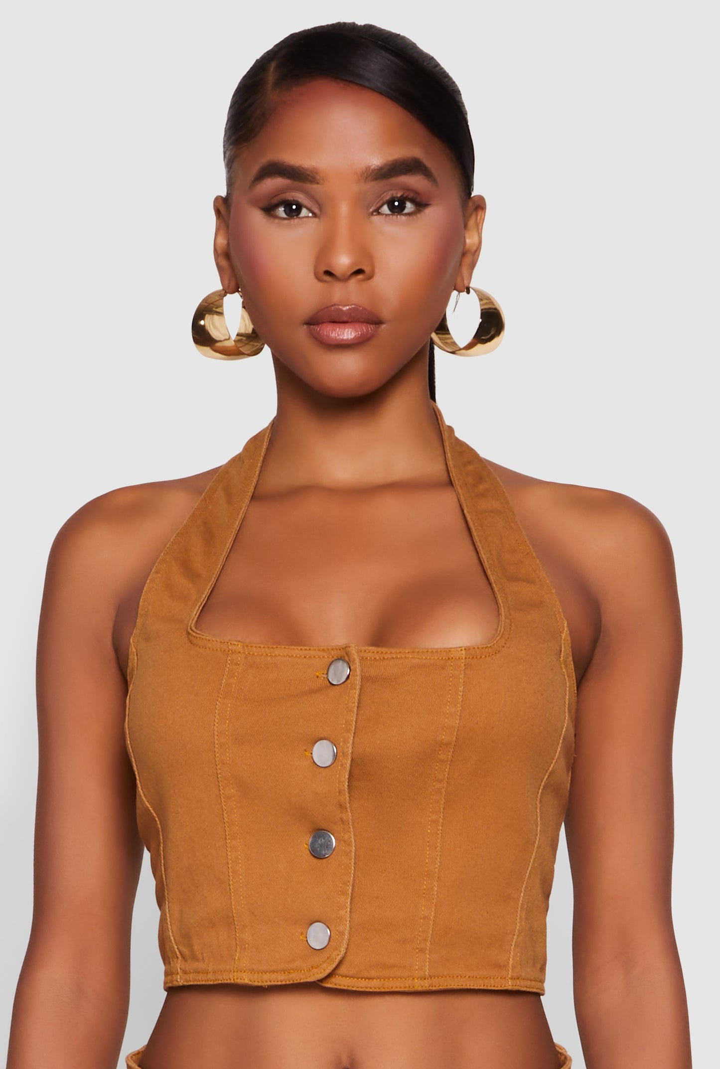 Button Front Cropped Halter Top