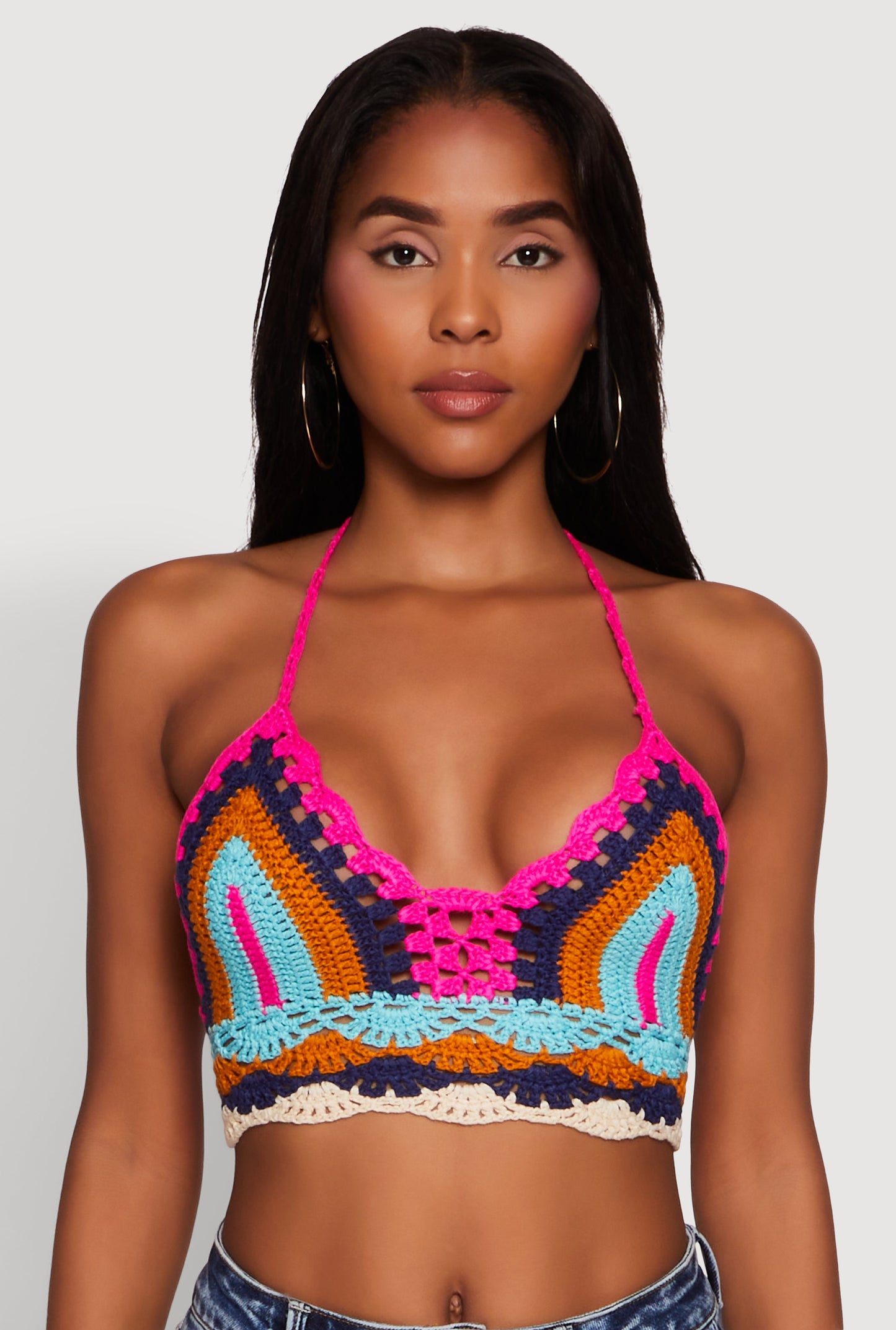 Trendy Crochet Patterned Cropped Halter Top