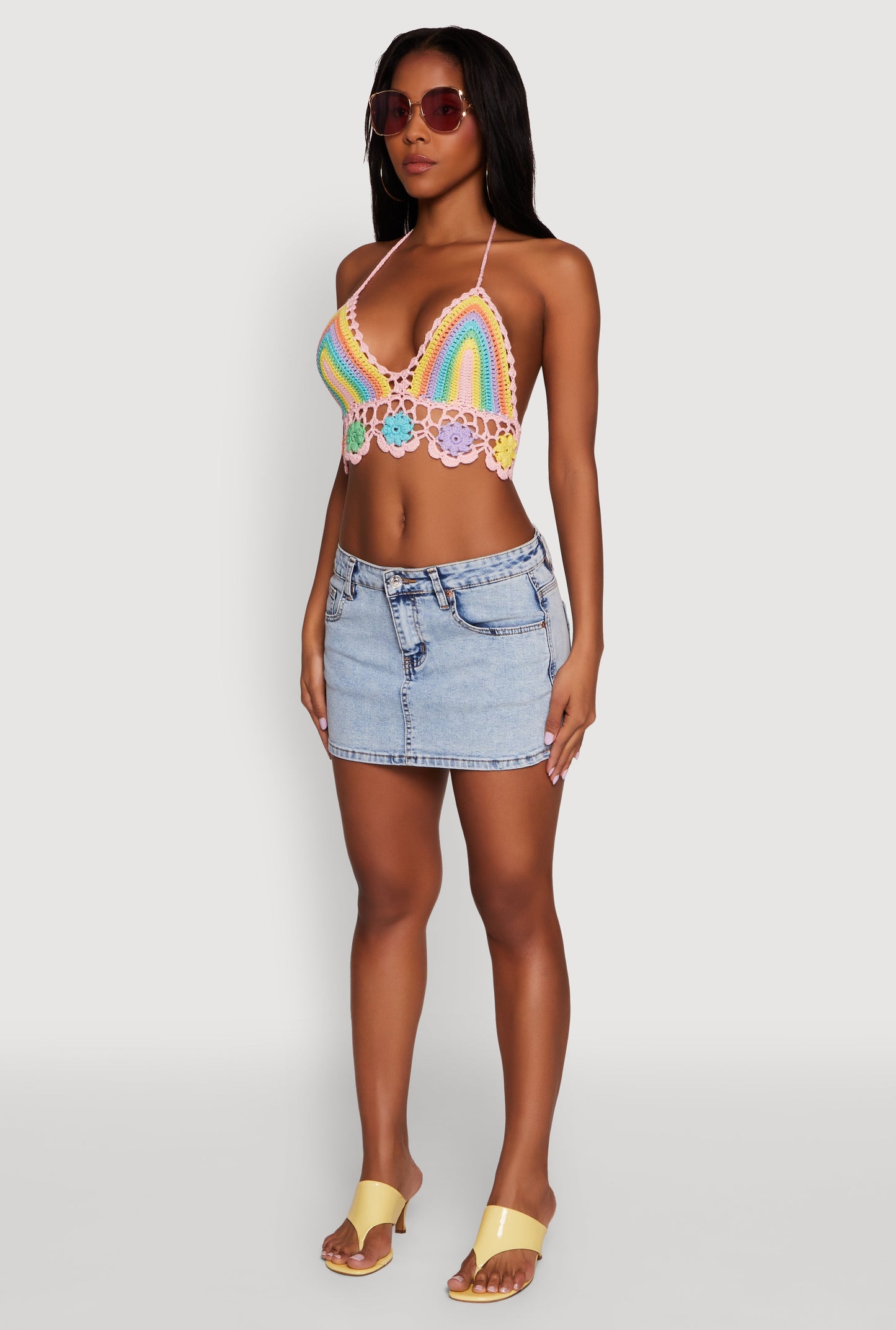 Trendy Crochet Floral Detail Cropped Halter Top