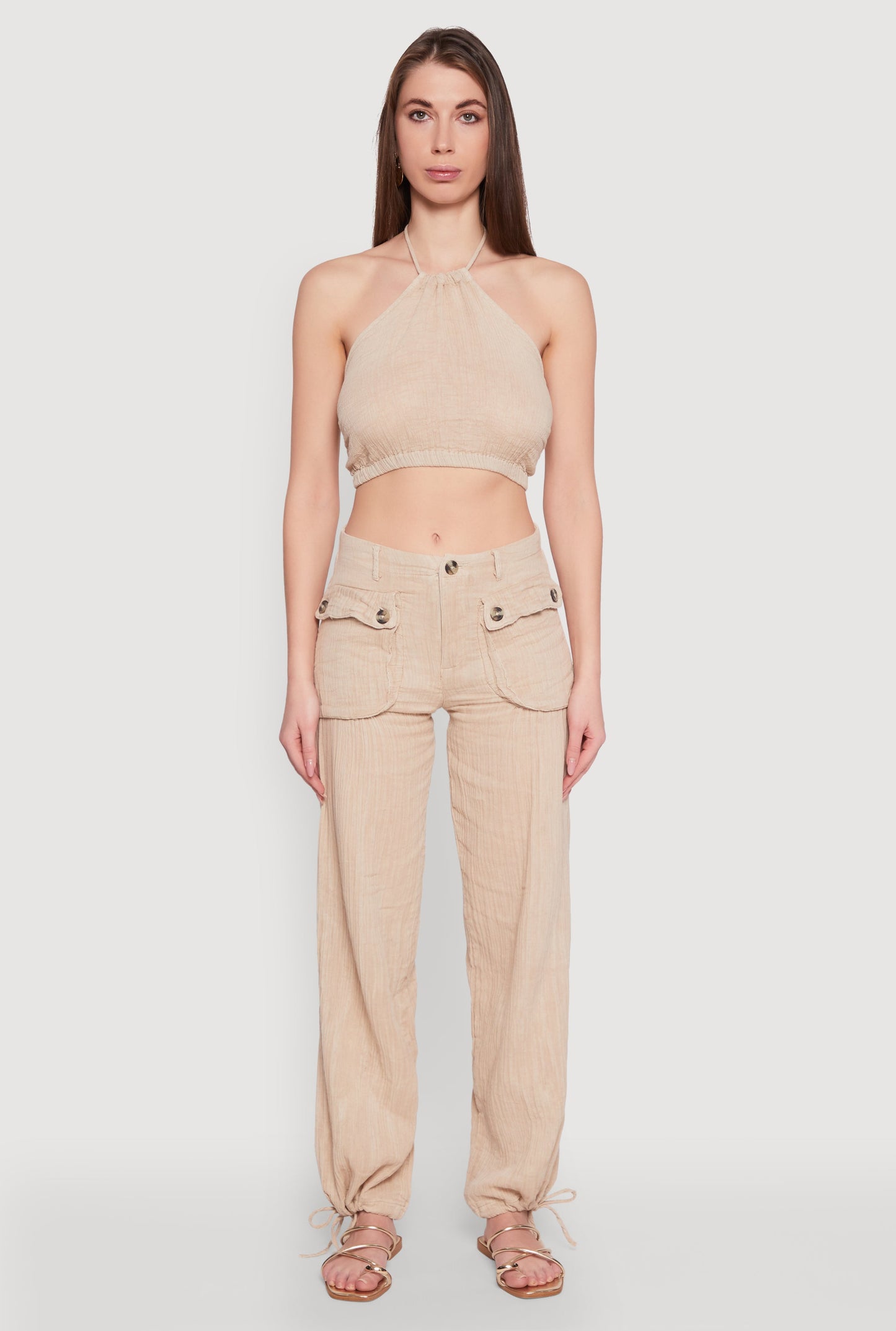 Spoon Jeans Gauze Knit Tie Back Cropped Halter Top