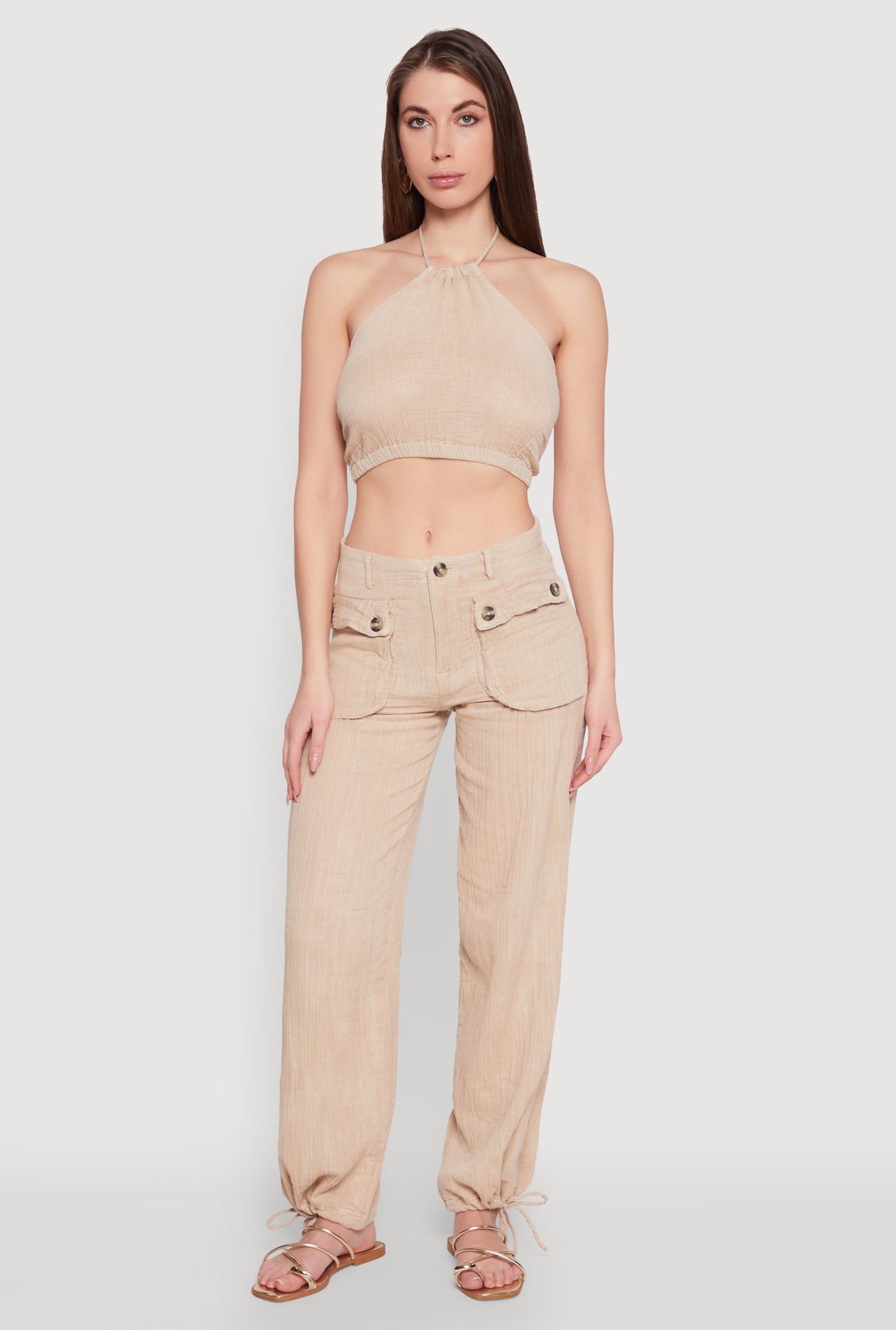 Spoon Jeans Gauze Knit Tie Back Cropped Halter Top
