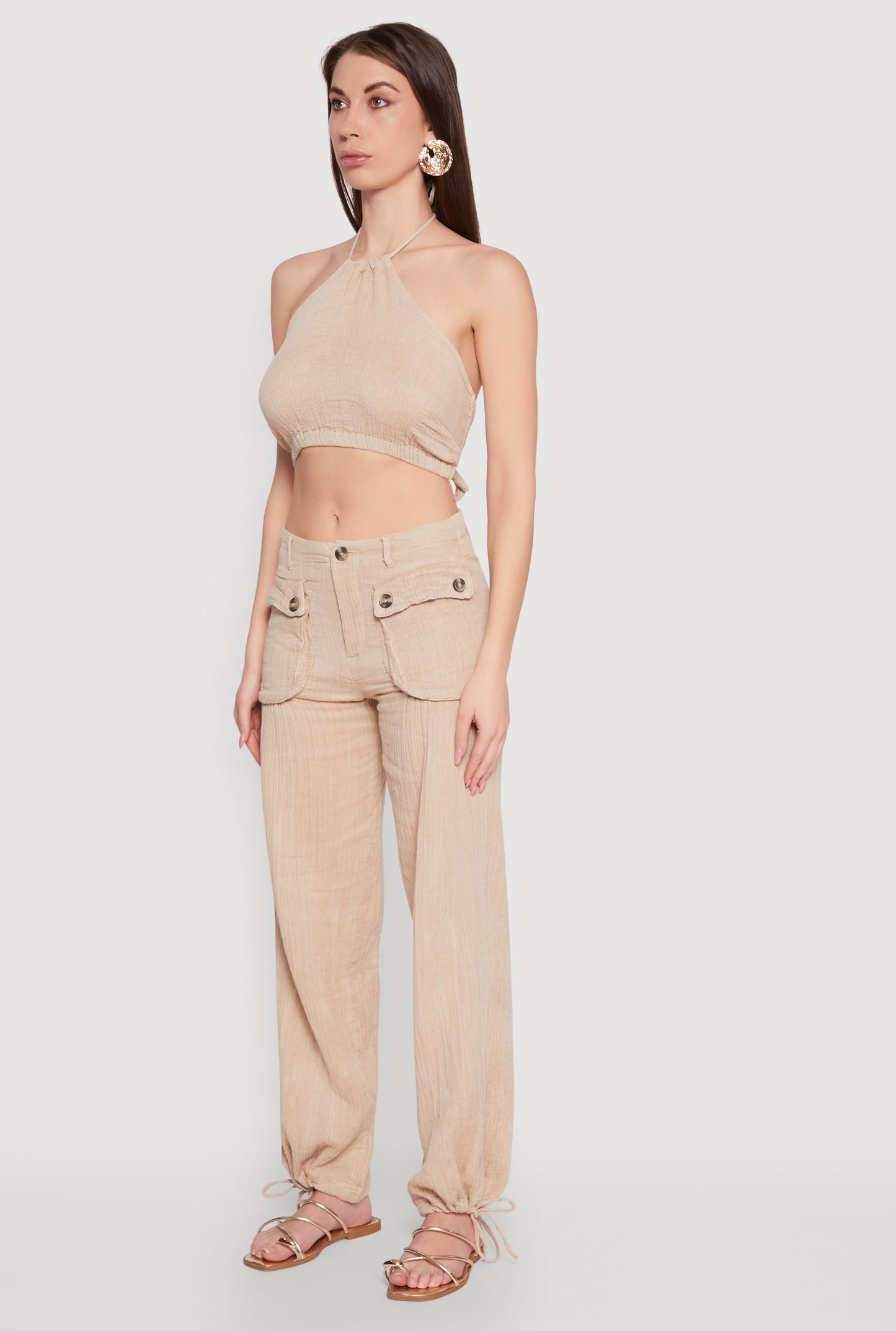 Spoon Jeans Gauze Knit Tie Back Cropped Halter Top