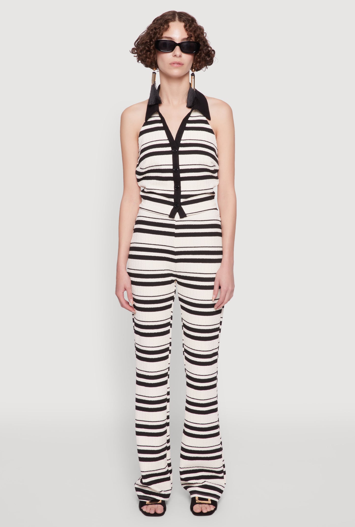 Textured Knit Striped Cropped Halter Top
