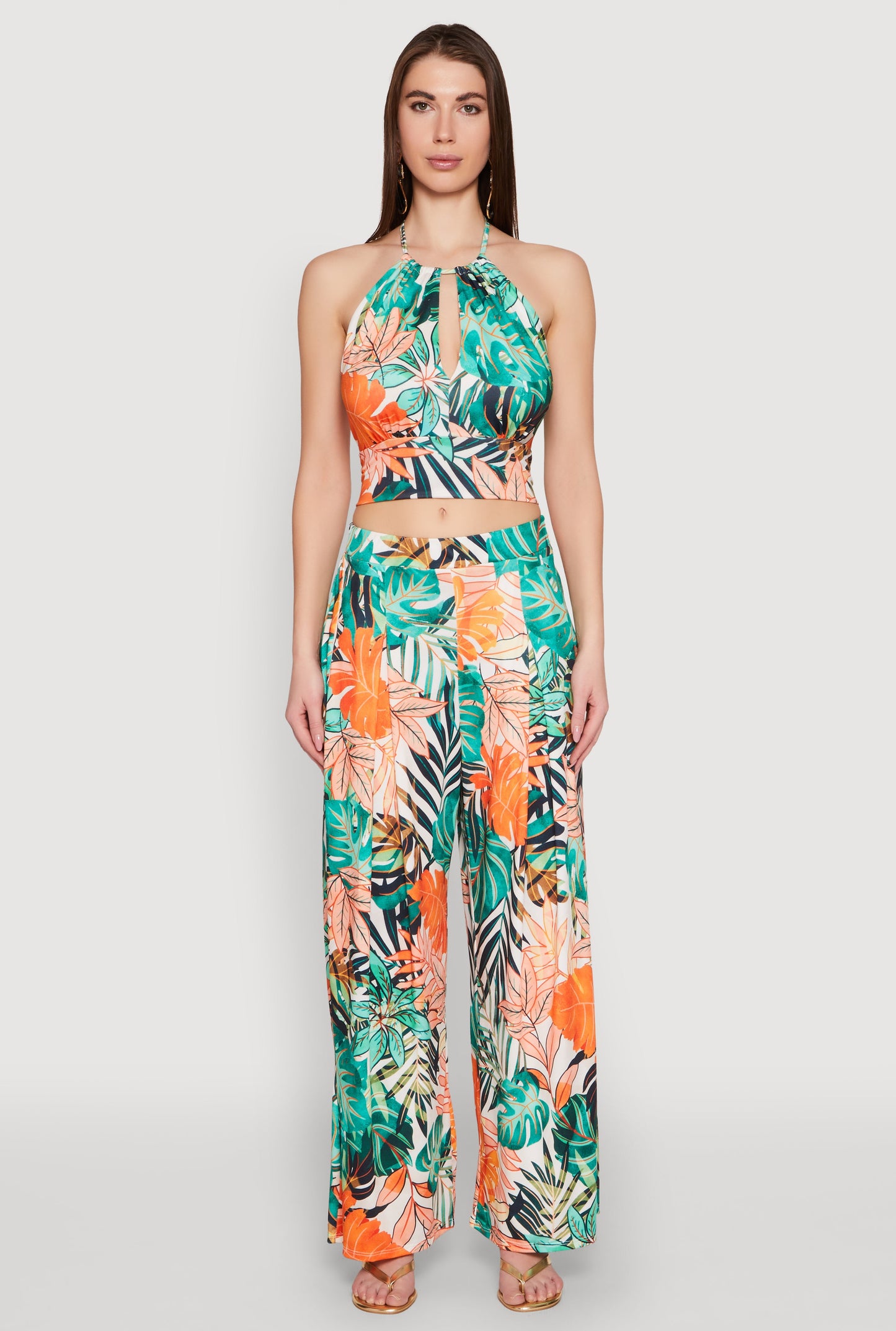 Tropical Print Keyhole Cropped Halter Top