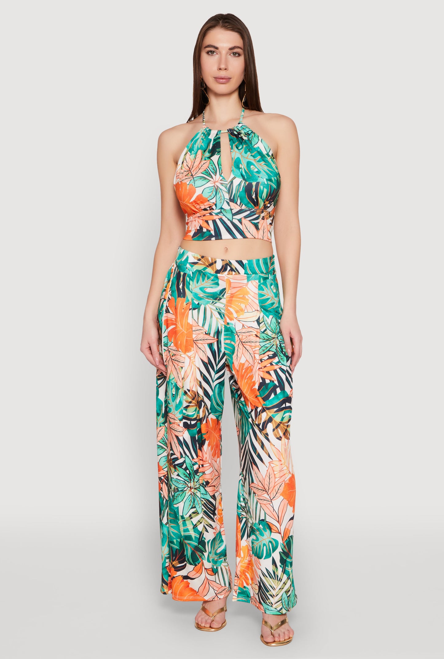 Tropical Print Keyhole Cropped Halter Top