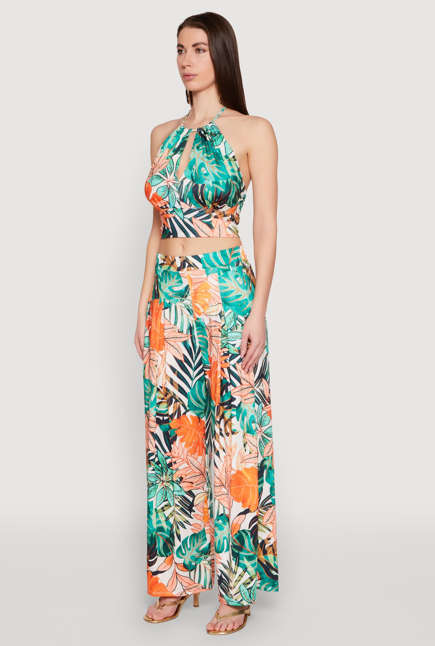 Tropical Print Keyhole Cropped Halter Top
