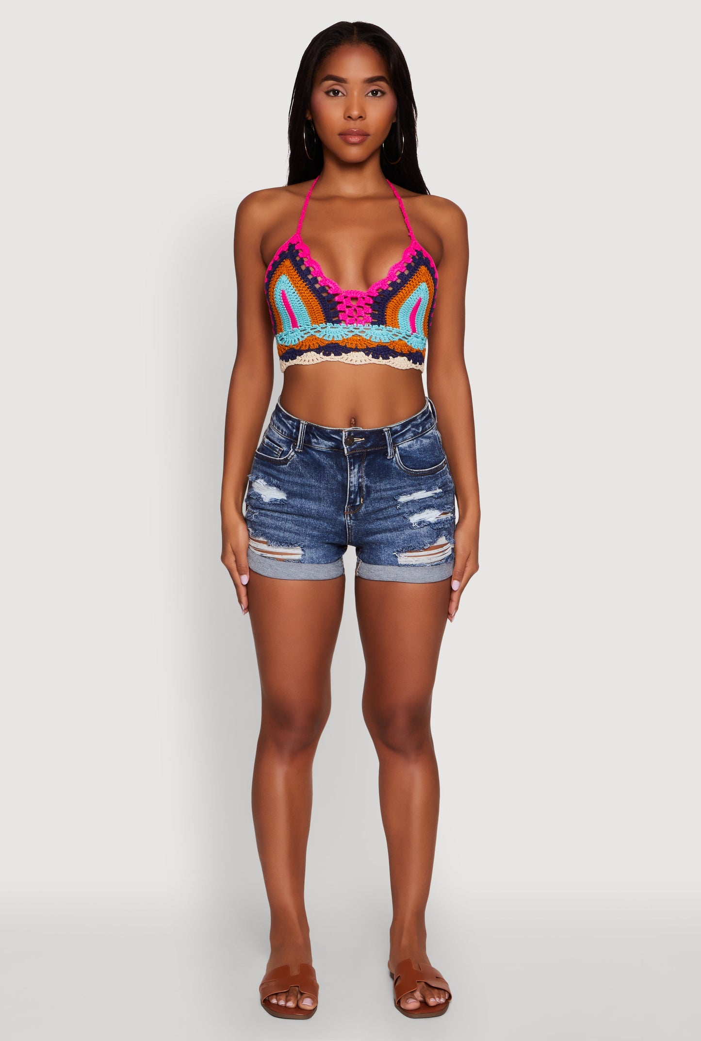 Trendy Crochet Patterned Cropped Halter Top