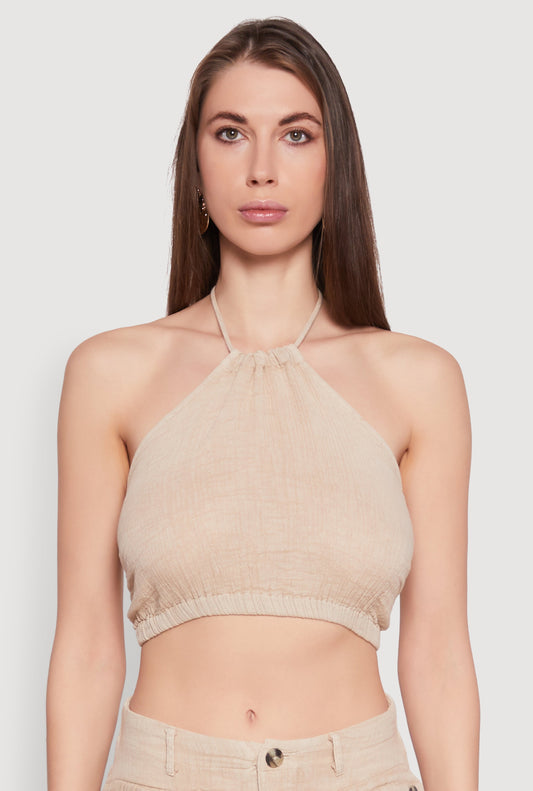 Spoon Jeans Gauze Knit Tie Back Cropped Halter Top