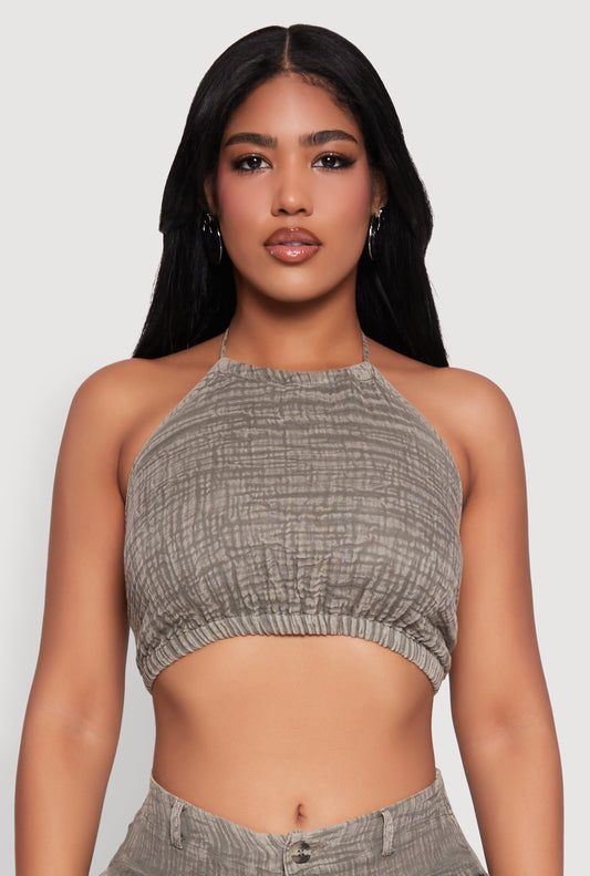 Spoon Jeans Gauze Knit Tie Back Cropped Halter Top