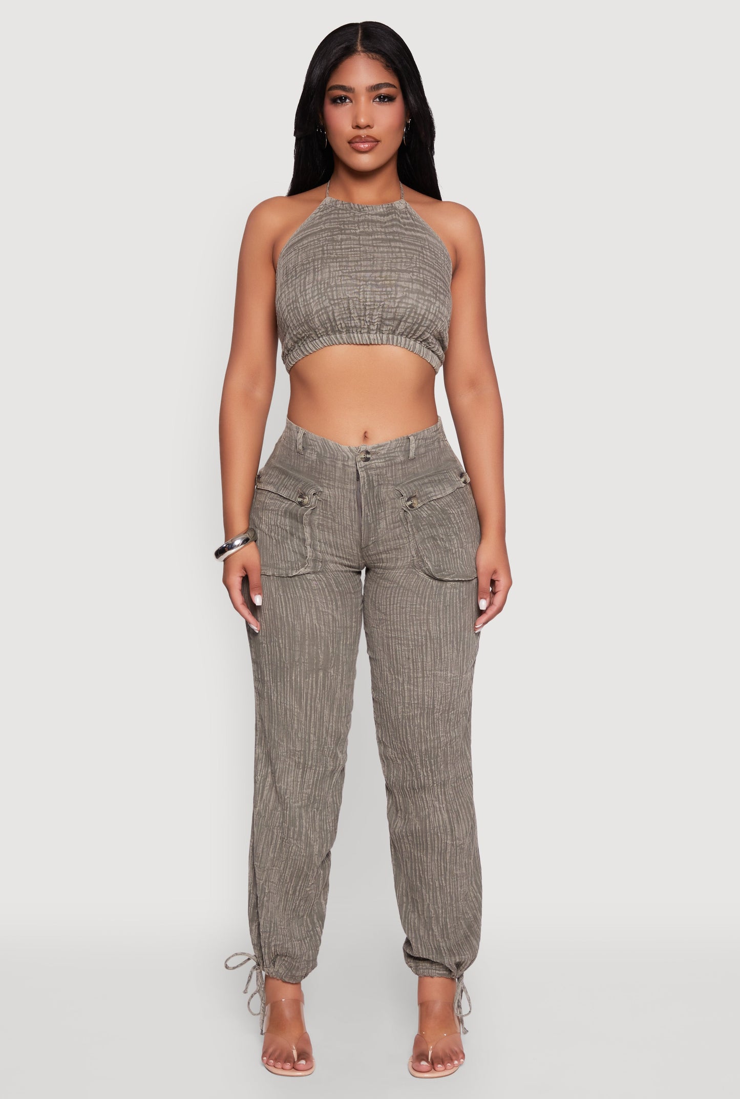 Spoon Jeans Gauze Knit Tie Back Cropped Halter Top
