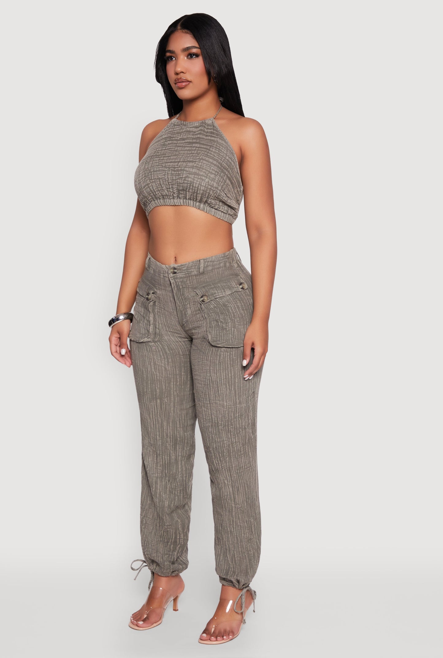 Spoon Jeans Gauze Knit Tie Back Cropped Halter Top