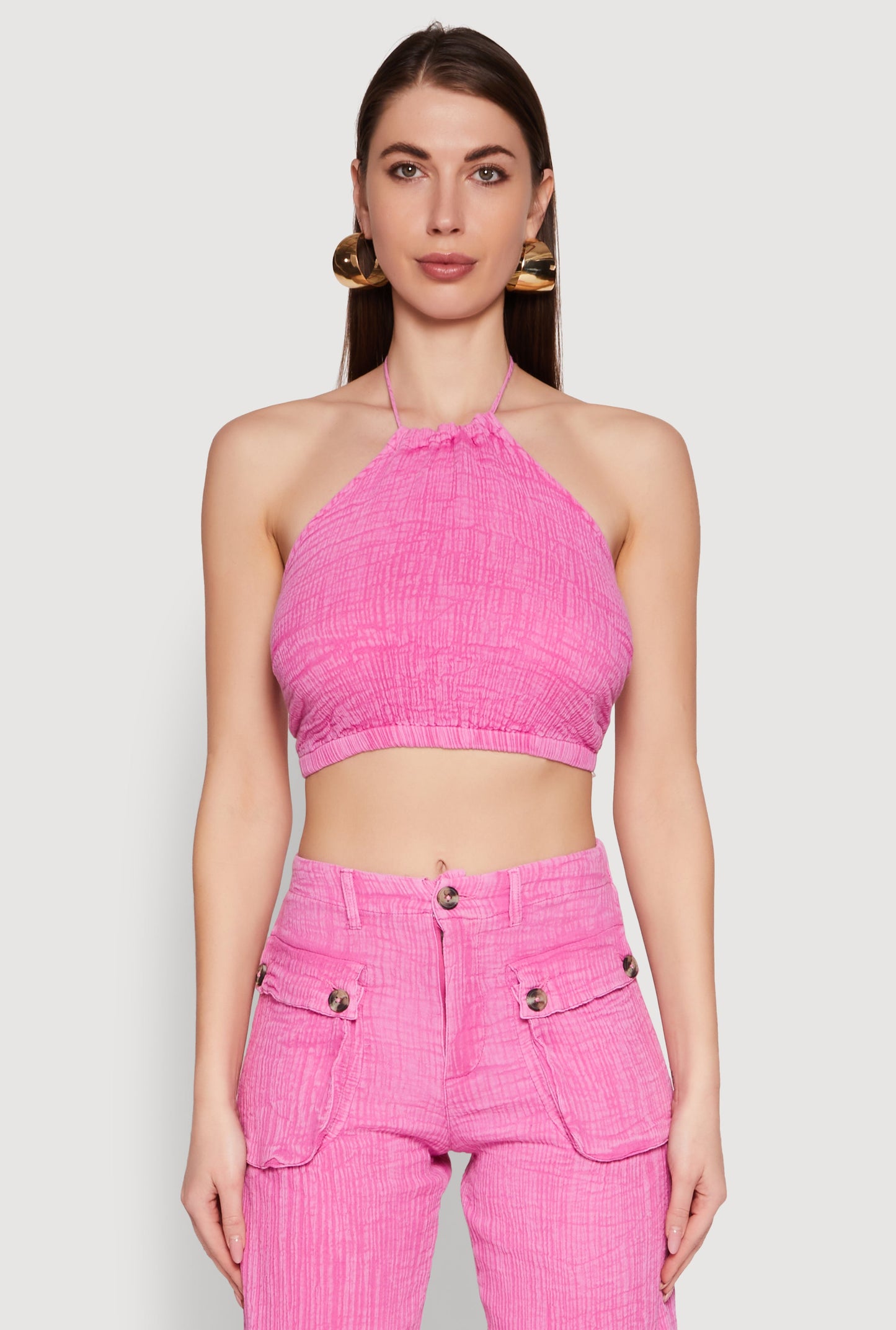 Spoon Jeans Gauze Knit Tie Back Cropped Halter Top