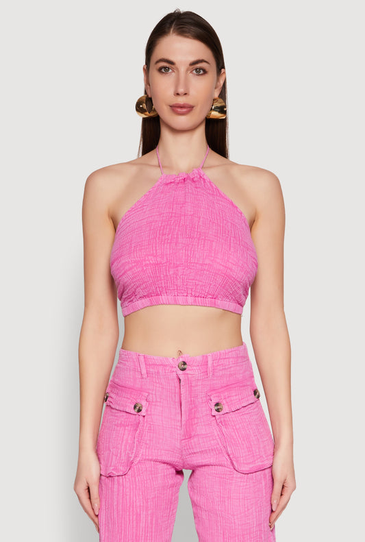 Spoon Jeans Gauze Knit Tie Back Cropped Halter Top