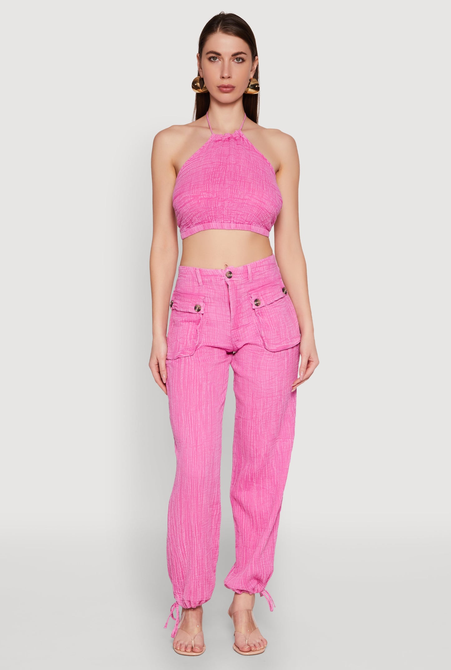 Spoon Jeans Gauze Knit Tie Back Cropped Halter Top