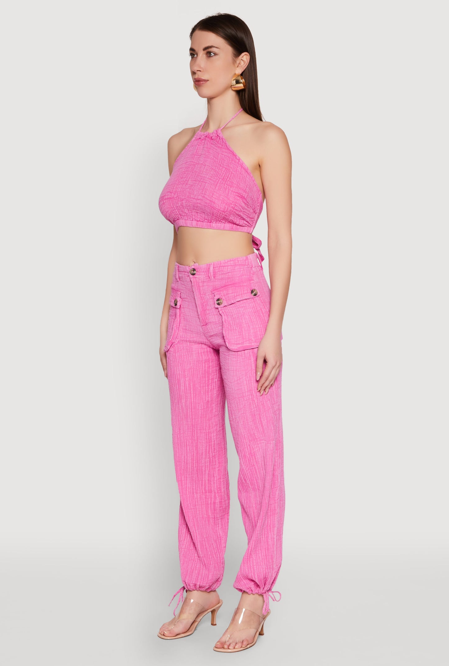 Spoon Jeans Gauze Knit Tie Back Cropped Halter Top